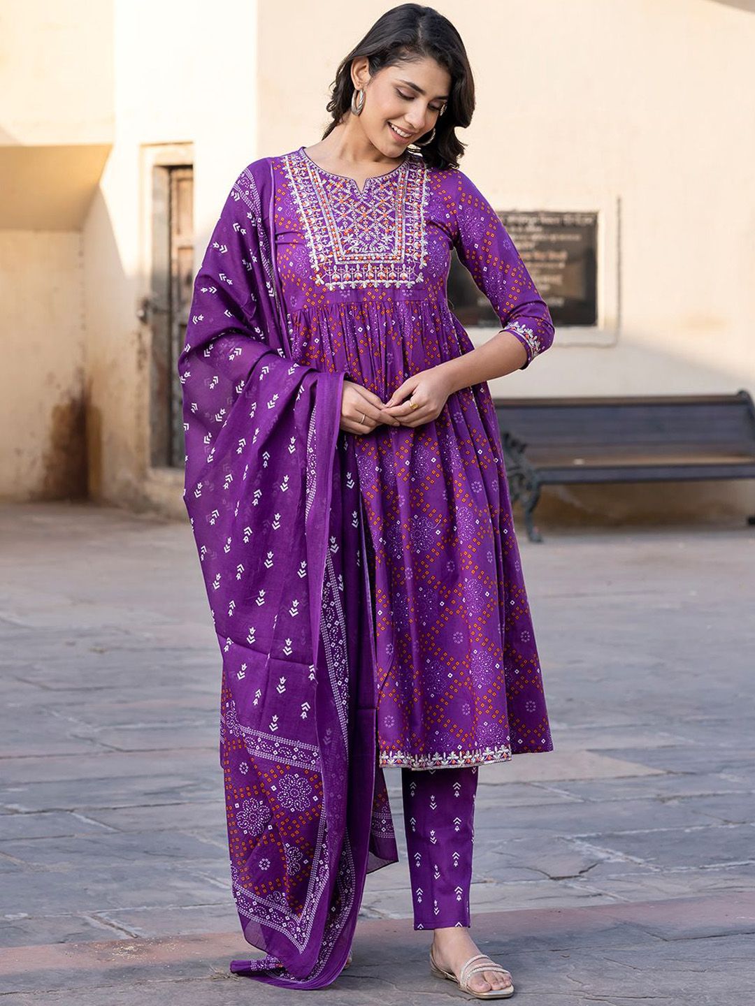 Dhiyona KL Bandhani Printed Thread Work Pure Cotton A-Line Kurta With Trouser & Dupatta