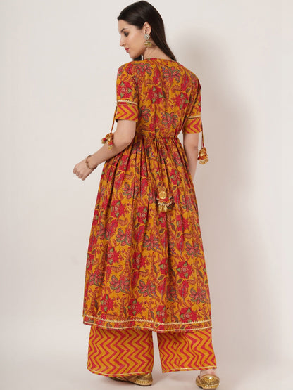 Women Floral Printed Angrakha Pure Cotton Kurta with Palazzos