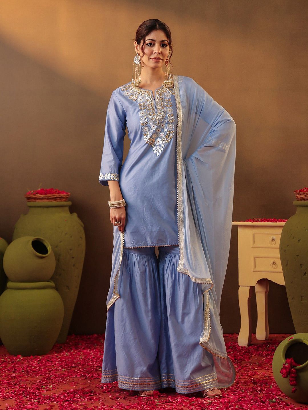 Dhiyona SC Floral Yoke Design Gotta Patti Chanderi Silk Straight Kurta With Sharara & Dupatta
