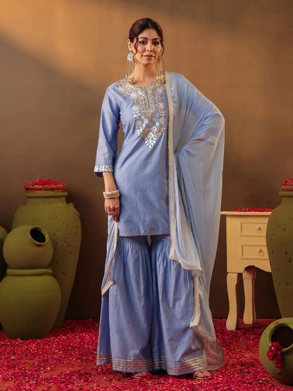Dhiyona SC Floral Yoke Design Gotta Patti Chanderi Silk Straight Kurta With Sharara & Dupatta