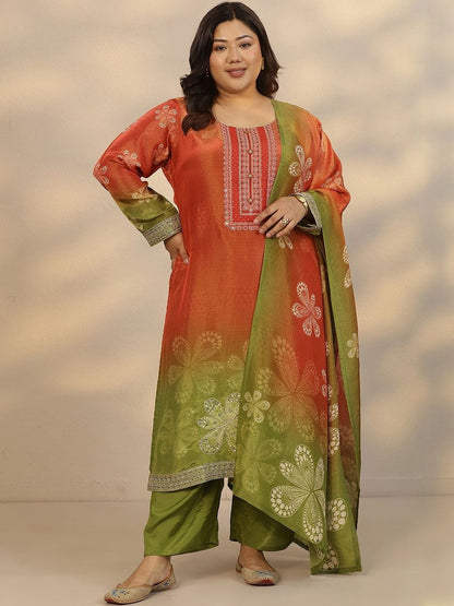 Dhiyona Women's Plus Size Printed Mirror Work Silk Crepe Kurta with Trousers & Dupatta