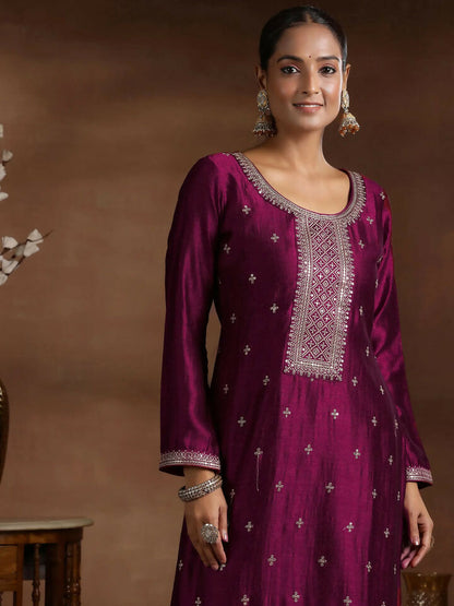 Women's LB Wine Embroidered Silk Blend Straight Suit With Dupatta