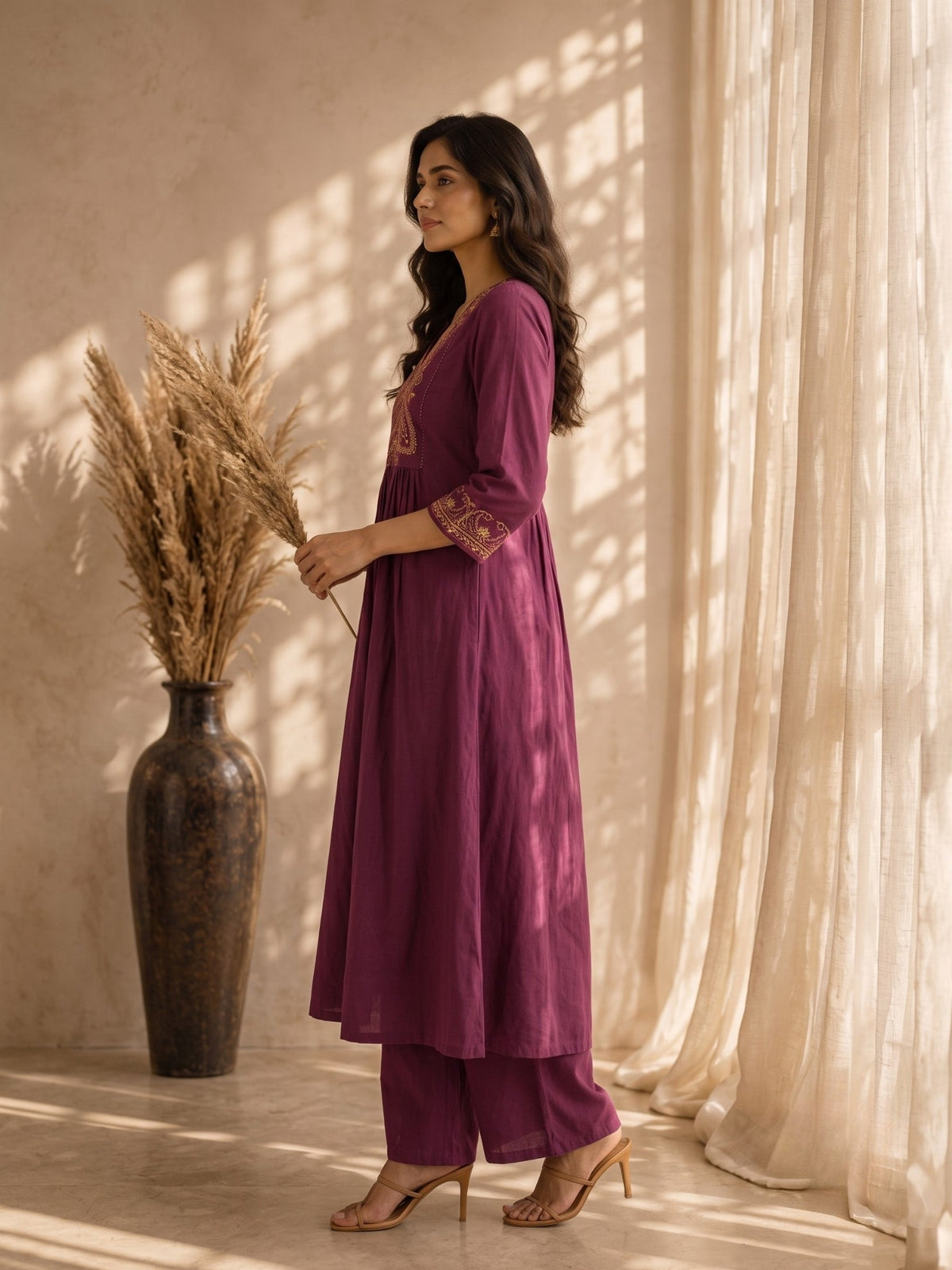 Mishka Caramel Embroidery Cotton Kurta Pant Set