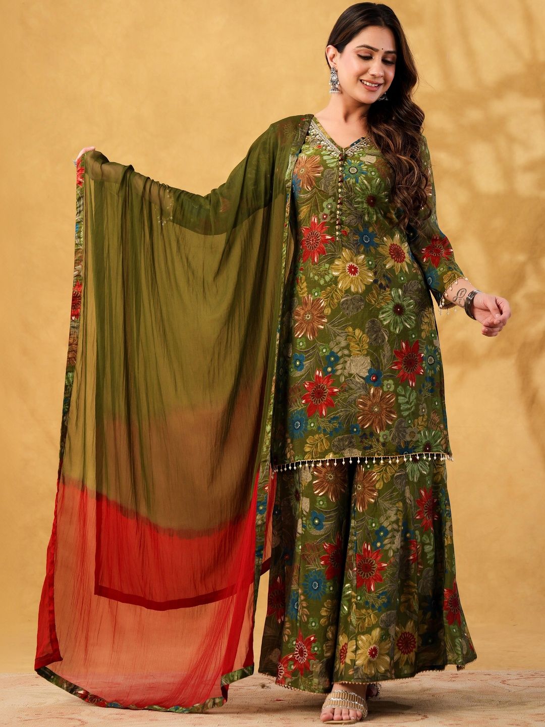 Dhiyona HOP Floral Printed Kurta with Sharara & Dupatta Set