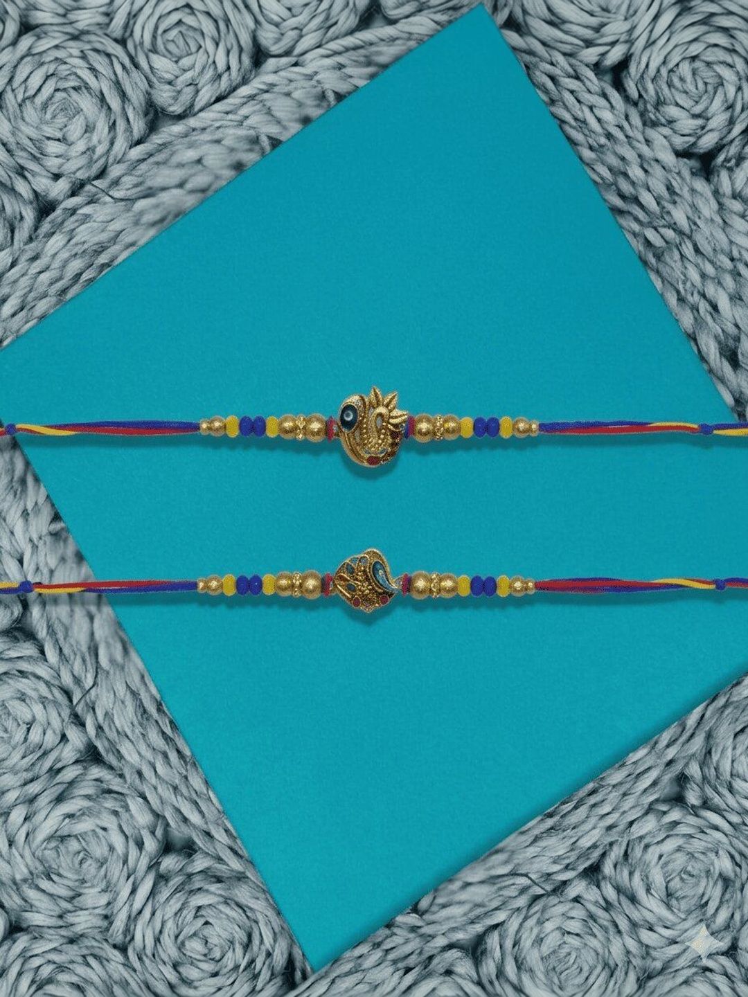 Dhiyona Set Of 2 Peacock Design Thread Rakhi With Roli Chawal Chandan Mishri