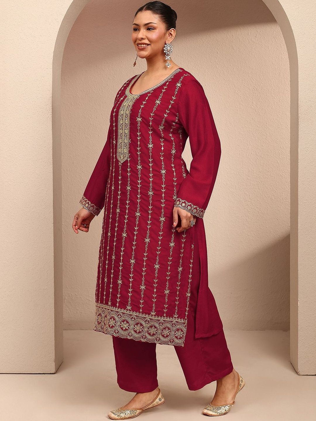 Dhiyona Women's Ethnic Motifs Embroidered Regular Thread Work Kurta with Palazzos & With Dupatta
