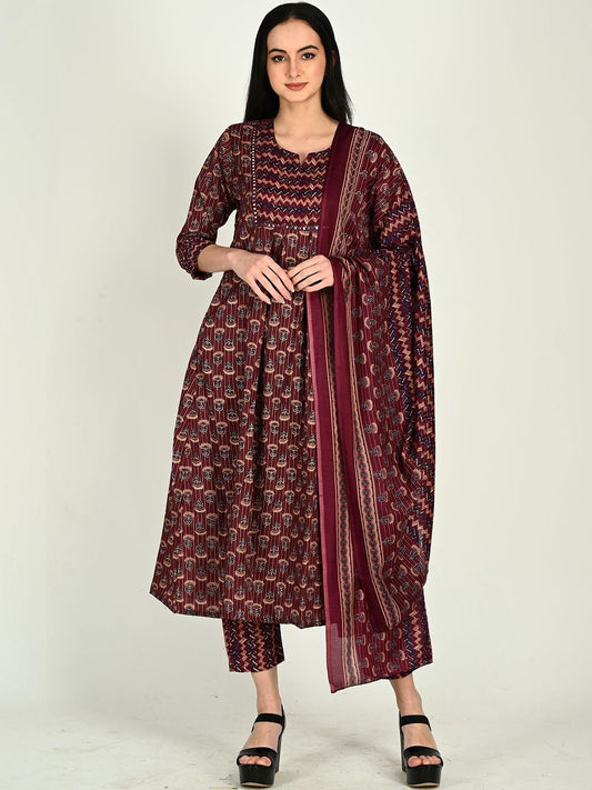Dhiyona KL Women Ethnic Motifs Printed Regular Mirror Work Kurta with Trousers & With Dupatta