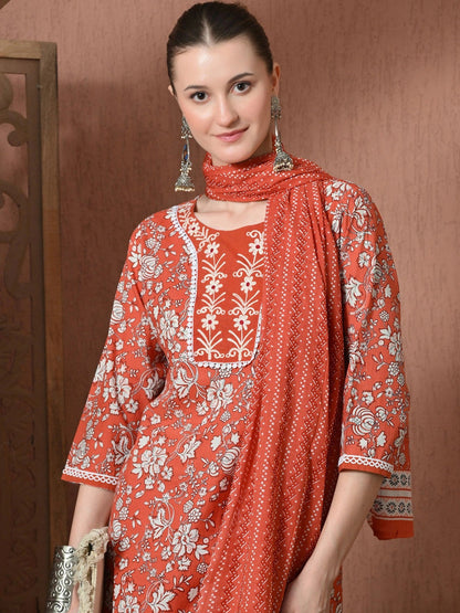 Women Floral Printed Regular Thread Work Pure Cotton Kurta with Trousers & With Dupatta
