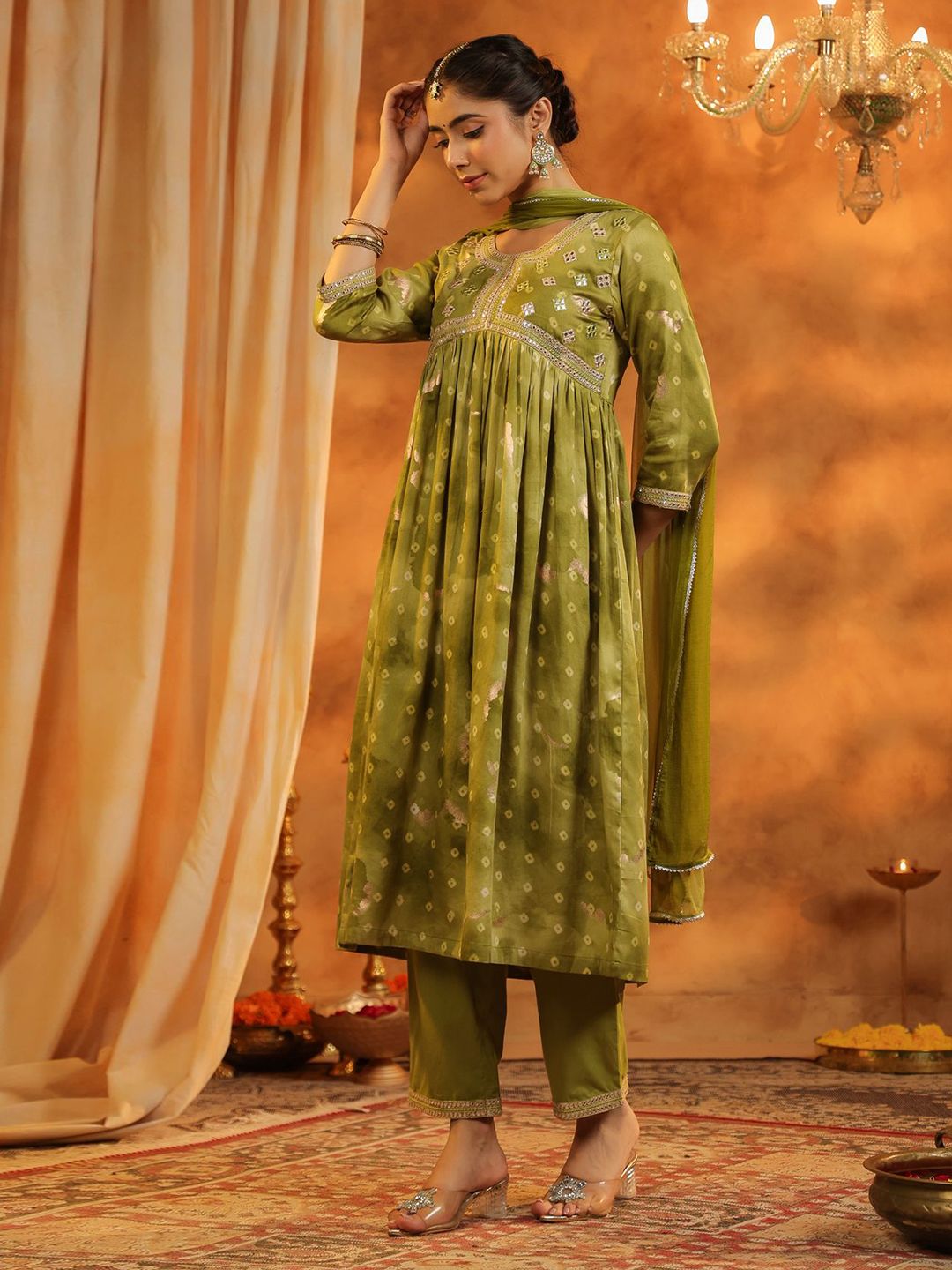 Dhiyona RR Women's Bandhani Printed Pure Cotton Anarkali Kurta with Trousers & Dupatta