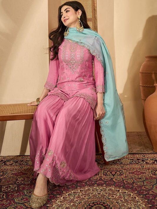 Dhiyona SN Women Ethnic Motifs Embroidered Regular Sequinned Kurta with Sharara & With Dupatta