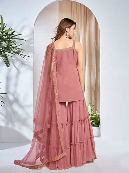 Dhiyona IN Women Floral Embroidered Regular Thread Work Kurta with Sharara & With Dupatta