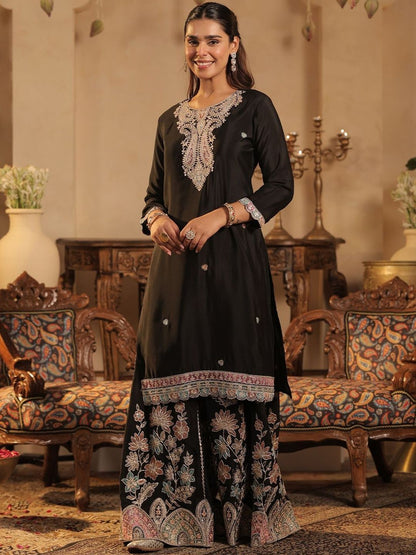 Dhiyona IE Ethnic Motifs Embroidered Thread Work Kurta With Sharara & Dupatta