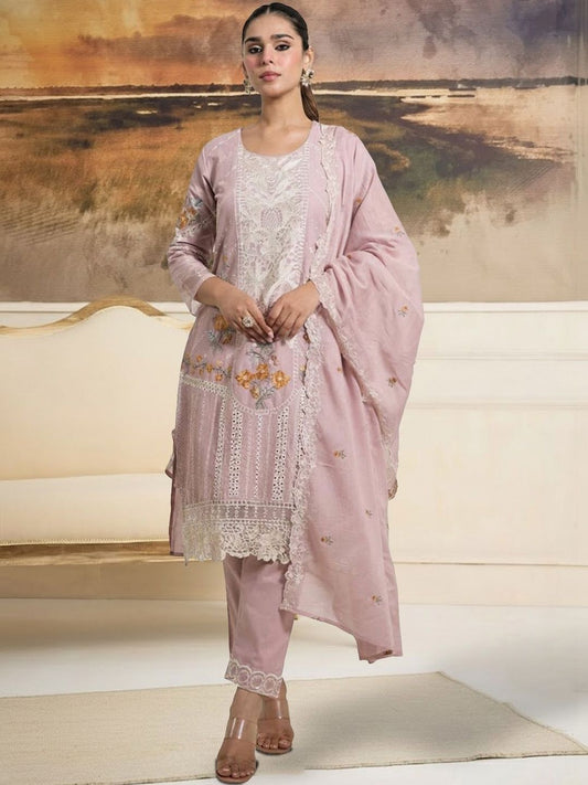 Women Floral Embroidered Regular Thread Work Pure Cotton Kurta with Trousers & With Dupatta