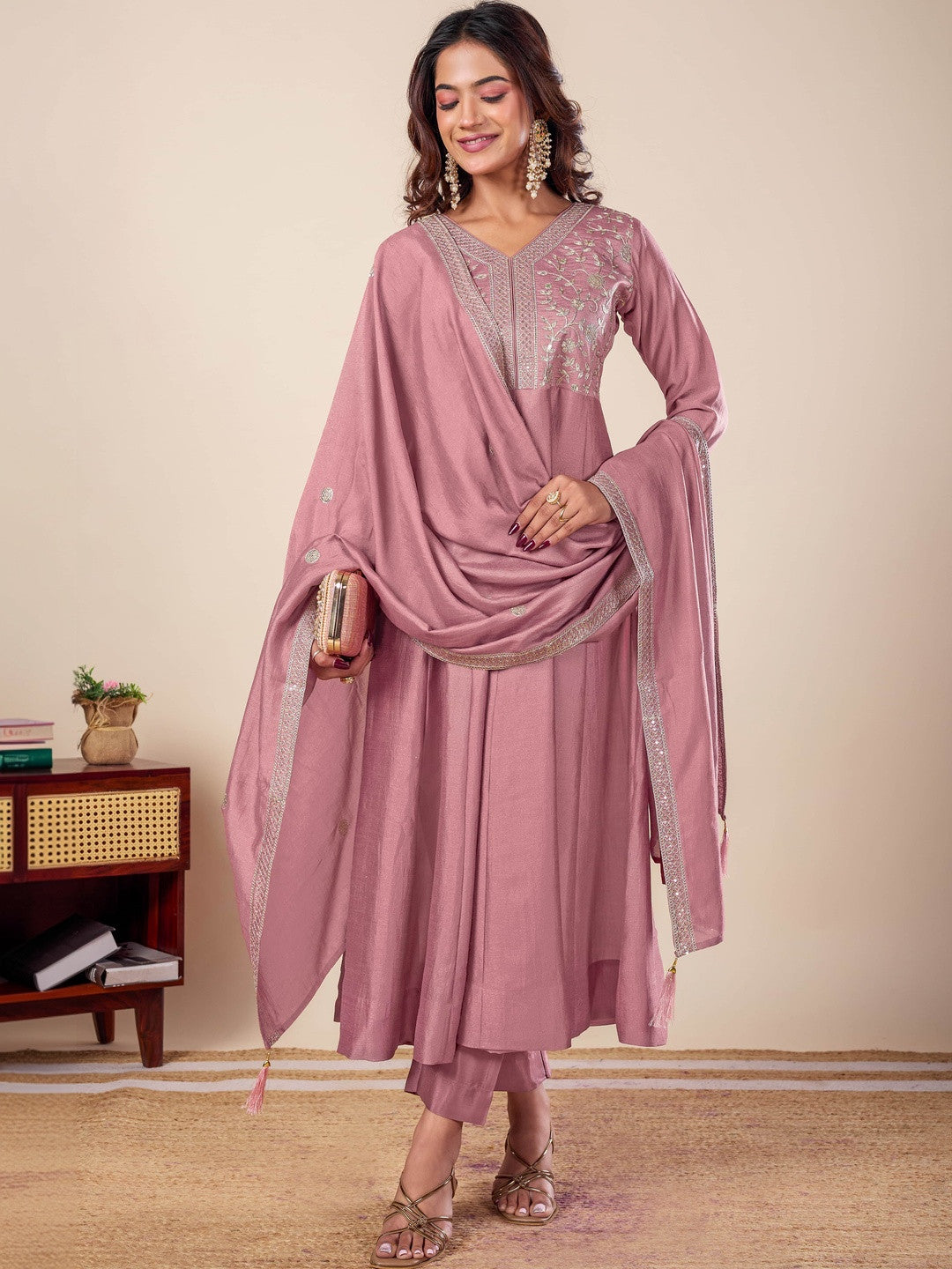 Women Ethnic Motifs Embroidered Empire Kurta with Trousers & With Dupatta