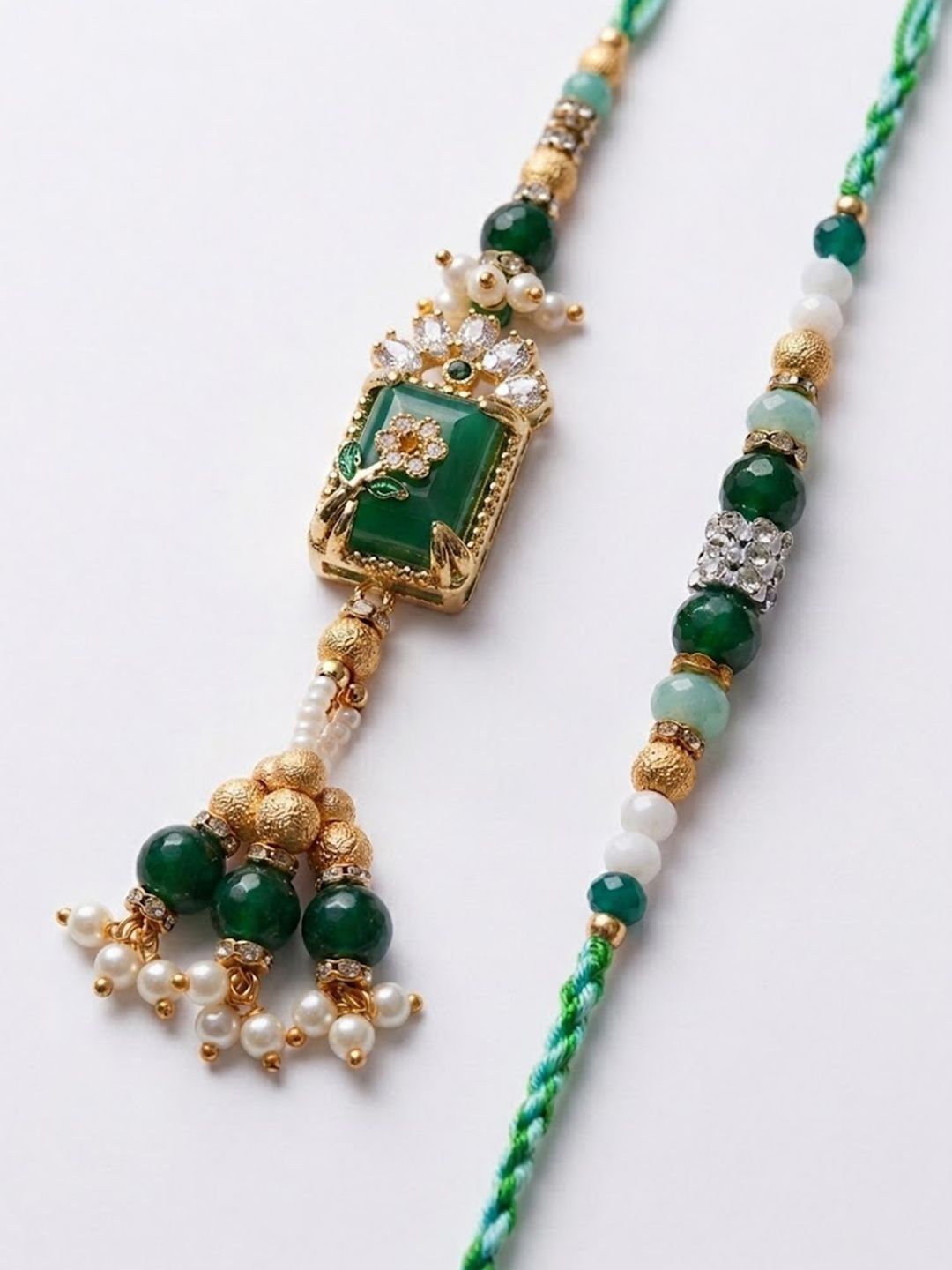 Dhiyona Set Of 2 Green Artificial Beads Traditional Bhaiya Bhabhi Rakhi With Roli Chawal