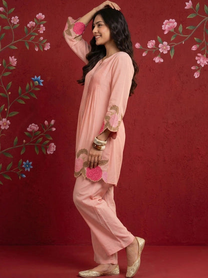 Women Floral Embroidered Pleated Thread Work Pure Silk Kurti with Trousers