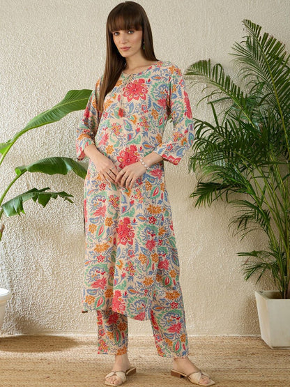 Dhiyona IE Printed Round Neck Three-Quarter Sleeves Tunic And Trousers