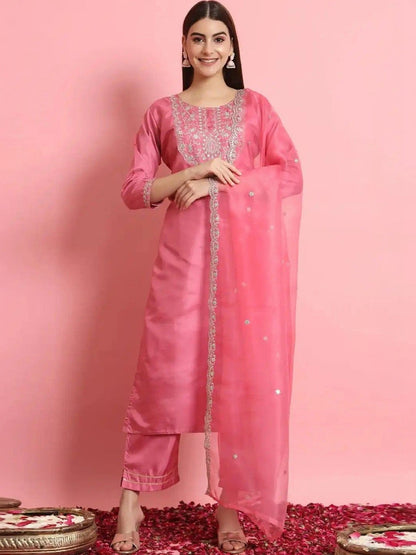 Women Embroidered Regular Kurta with Trousers & With Dupatta