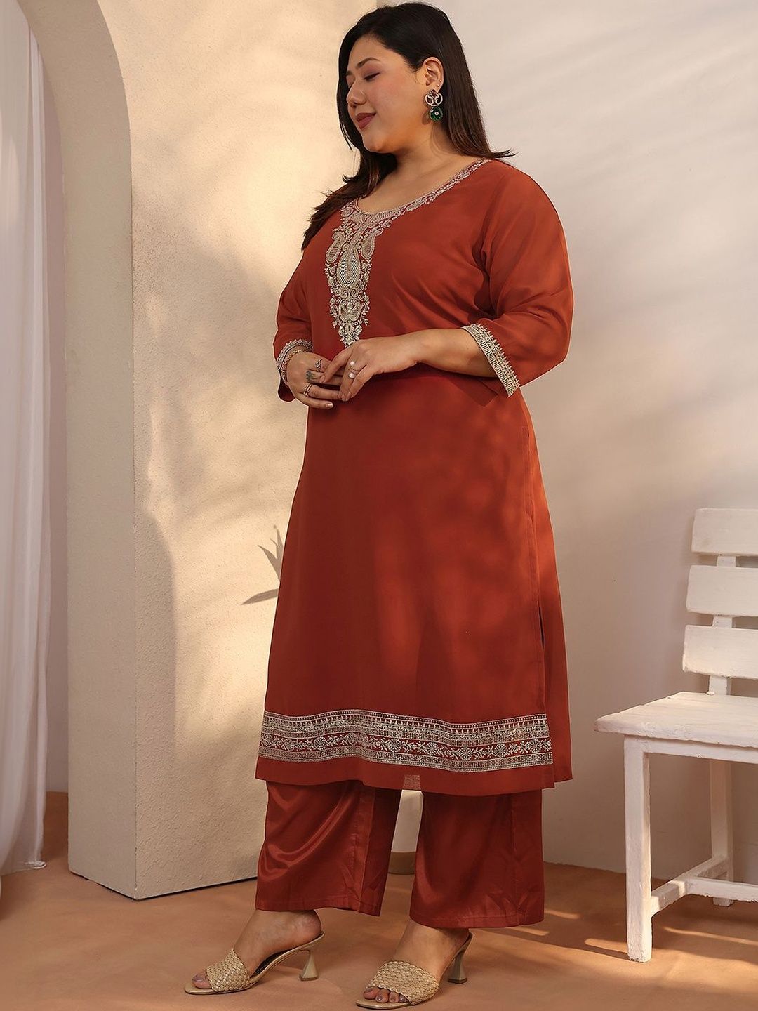 Dhiyona Women's Plus Size Ethnic Motifs Embroidered Kurta with Trouser & Dupatta