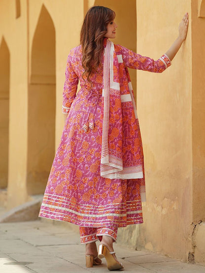 Dhiyona KL Floral Printed Angrakha Pure Cotton Anarkali Kurta With Trousers & Dupatta