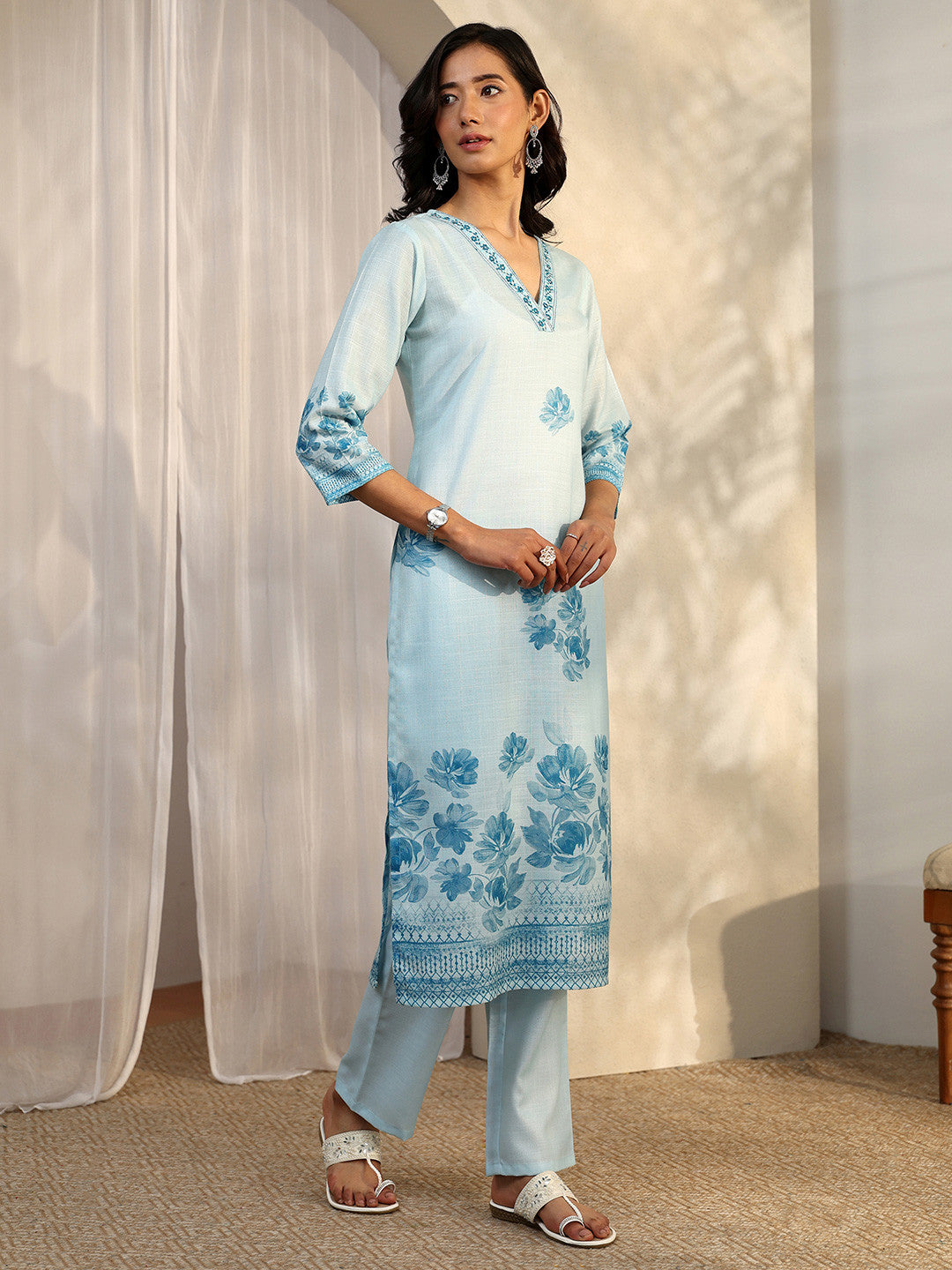 Women Blue Printed Linen Straight Suit Set With Dupatta