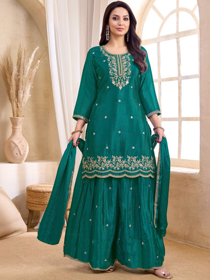 Embroidered Round Neck Kurta & Palazzos With Dupatta