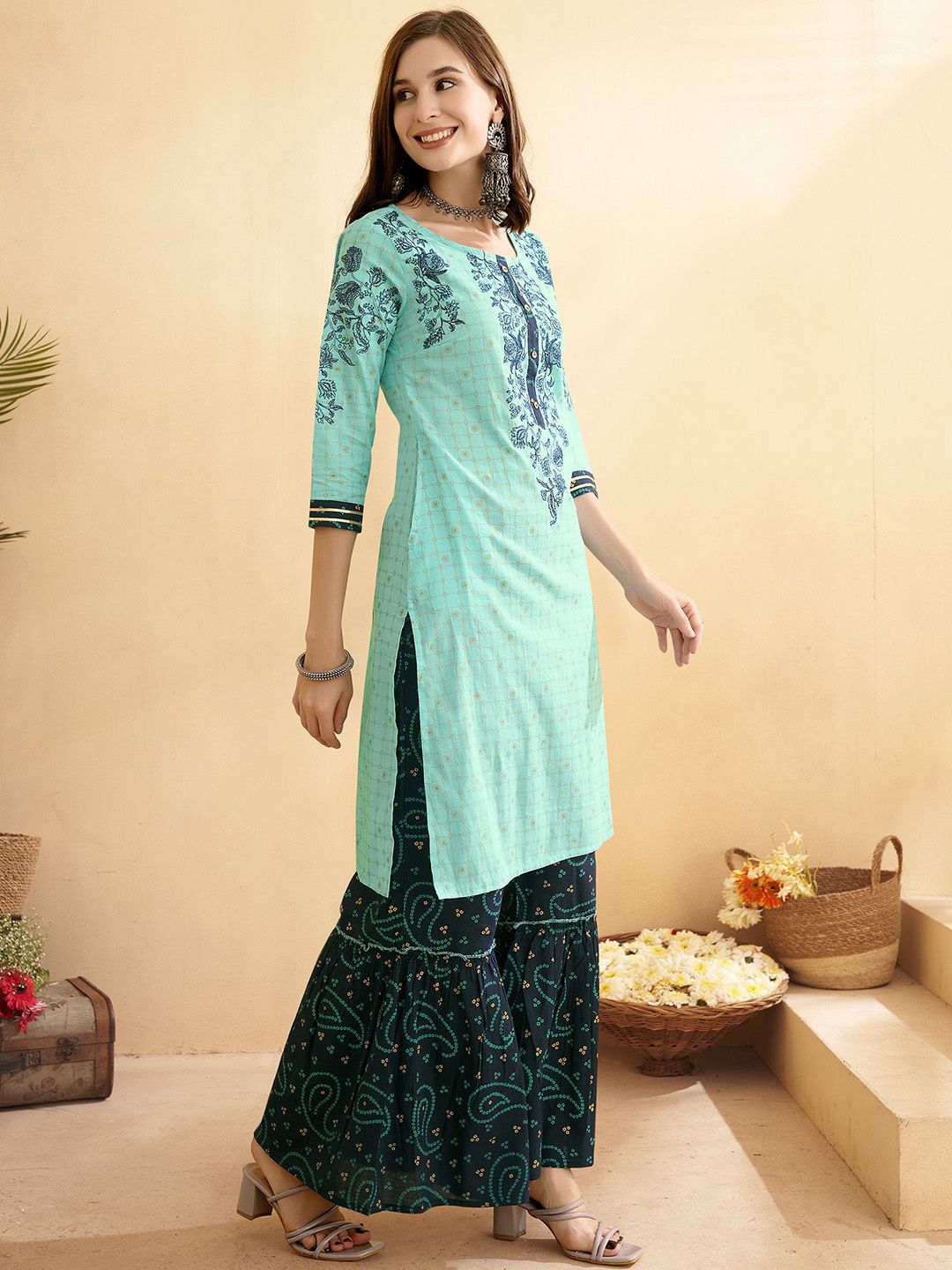 Dhiyona AN Sea Green Floral Printed Pure Cotton Straight Kurta With Sharara