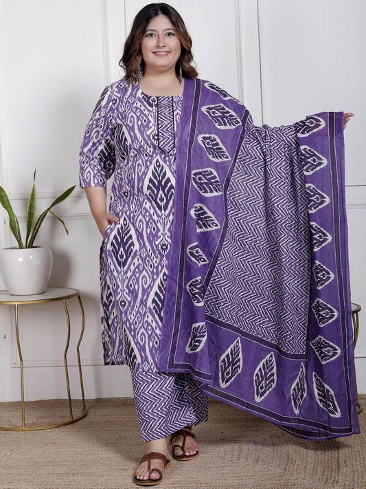 Dhiyona KL Women Plus Size Ethnic Motifs Printed Cotton Kurta with Trousers & Dupatta