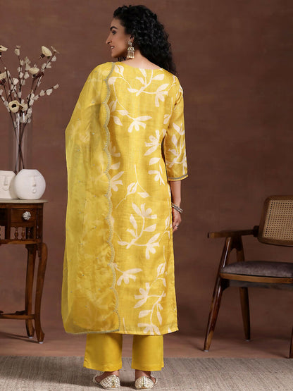 Women's LB Mustard Printed Organza Straight Suit With Dupatta