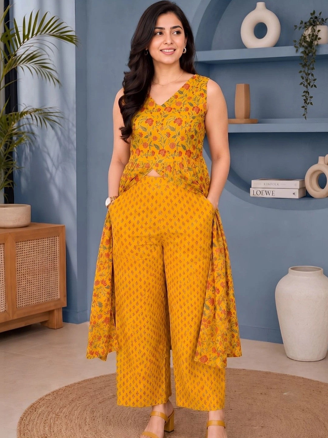 Dhiyona SN Women Floral Printed Empire Pure Cotton Kurta with Palazzos