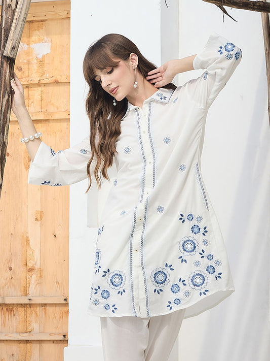 Floral Embroidered Thread Work Pure Cotton Kurta With Trousers