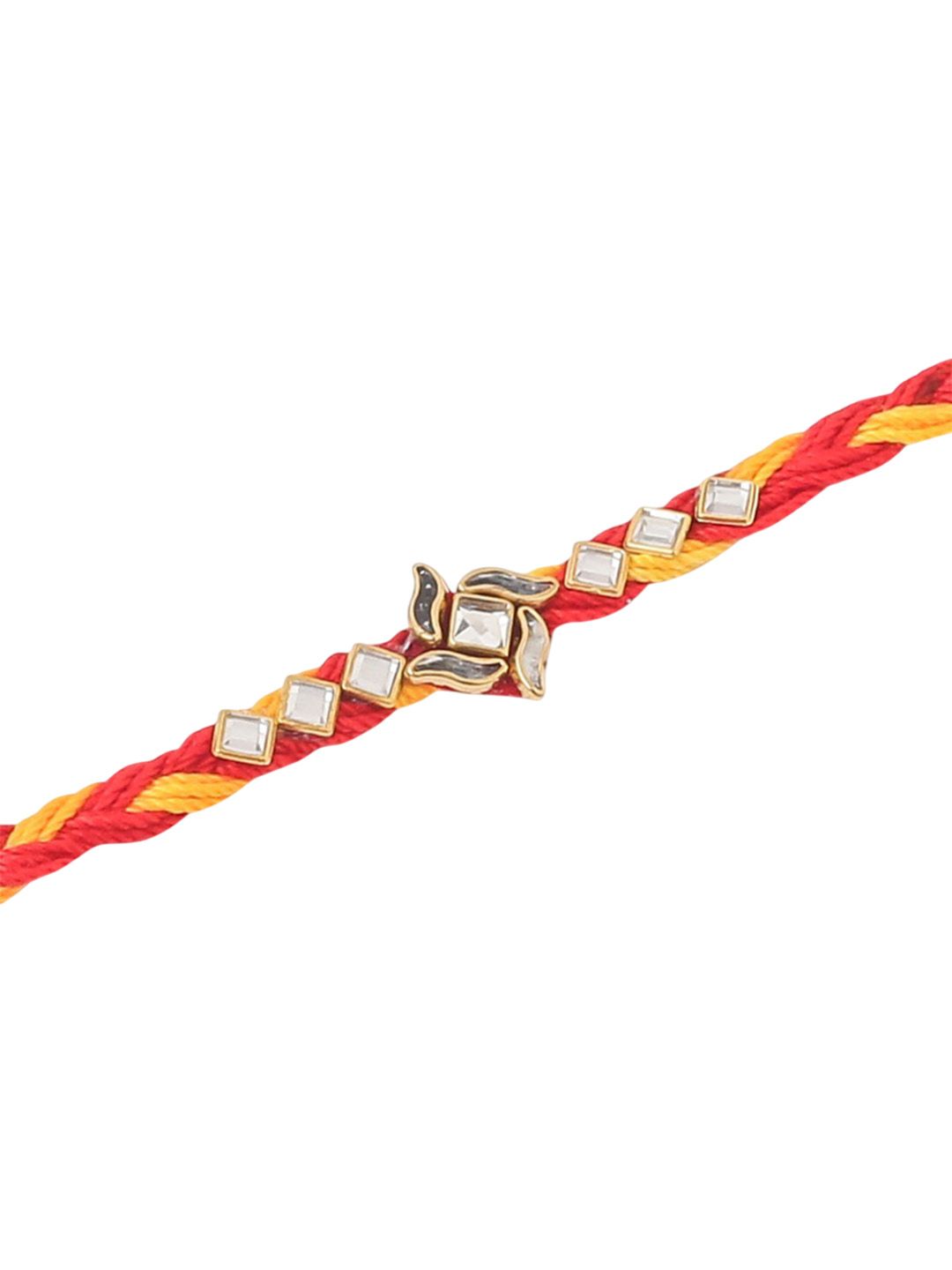 Dhiyona Men Set Of 6 Red & Yellow Kundan Studded Floral Design Thread Rakhi With Roli Chawal