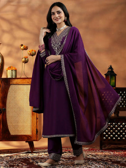 Women's LB Wine Yoke Design Silk Blend Straight Suit With Dupatta