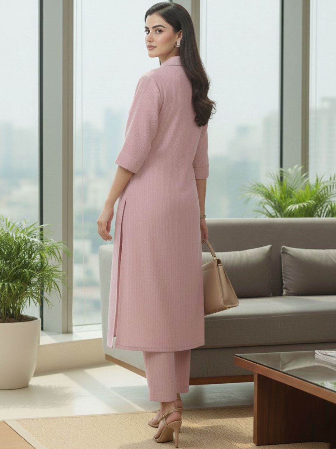Pink Women Regular Silk Crepe Kurta with Trousers