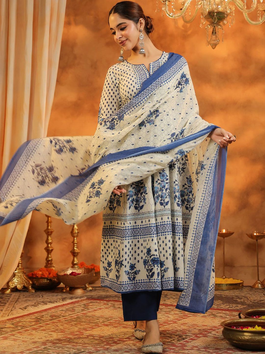 Dhiyona RR Women's Floral Printed Pure Cotton Kurta With Trousers & Dupatta