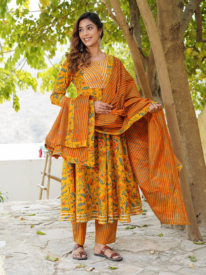 Dhiyona KL Floral Printed Round Neck Pure Cotton Anarkali Kurta With Trousers And Dupatta
