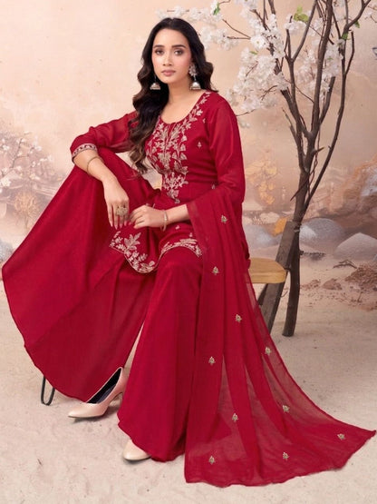 Embroidered Silk Blend Round Neck Kurti & Sharara With Dupatta