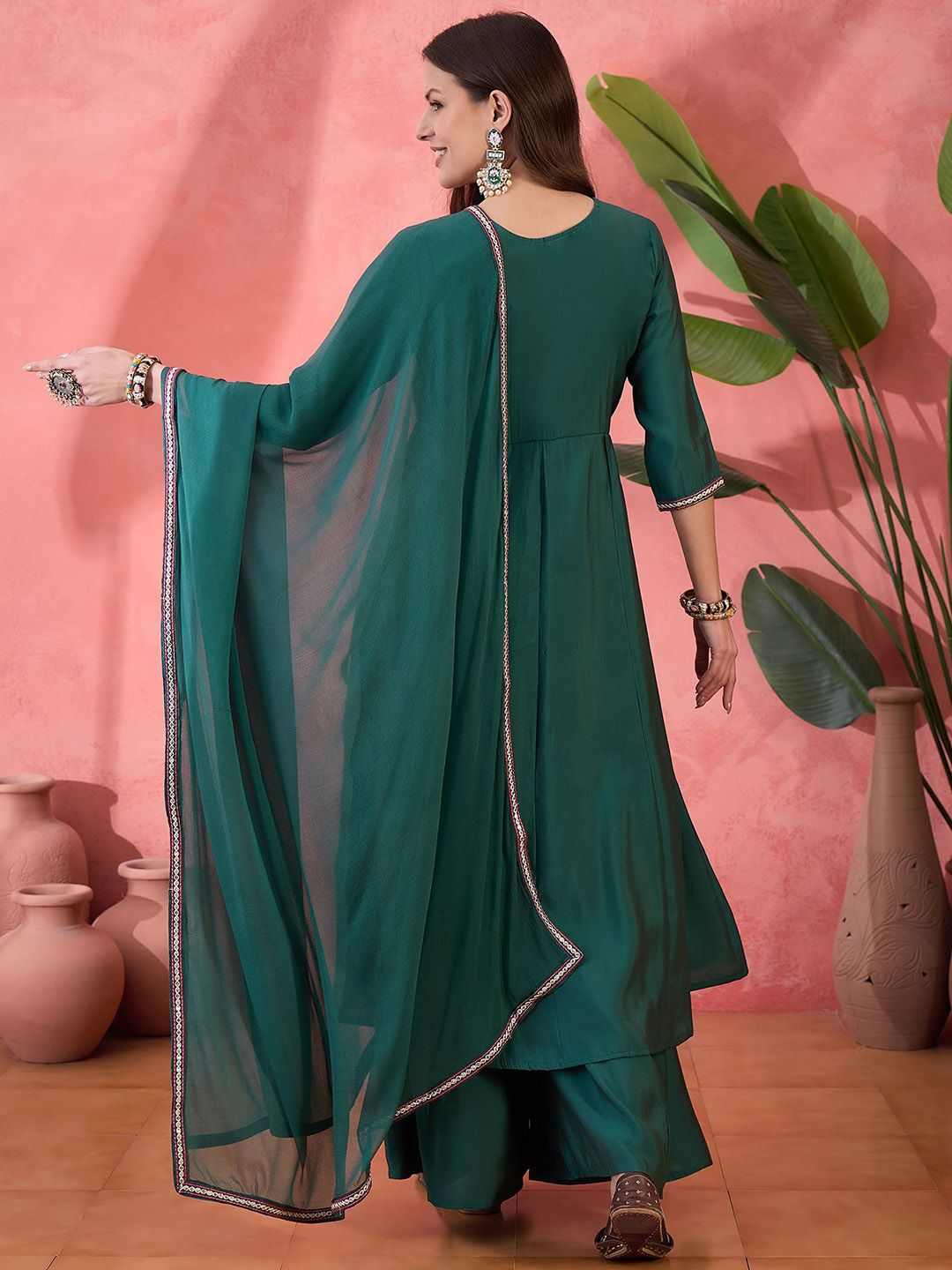 Dhiyona SN Floral Embroidered Silk Anarkali Kurta & Palazzo With Dupatta