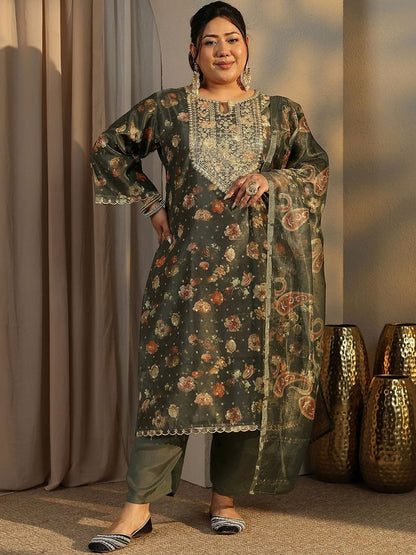 Dhiyona Women's Plus Size Floral Printed Kurta with Trousers & With Dupatta