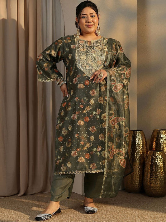 Dhiyona Women's Plus Size Floral Printed Kurta with Trousers & With Dupatta