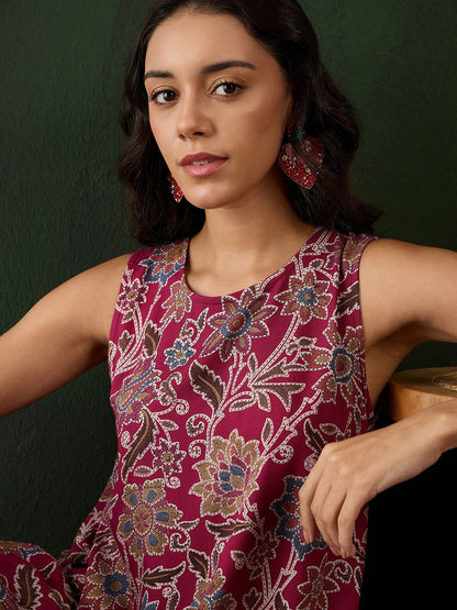 Burgundy Floral Printed Round Neck A-Line Kurta With Palazzos