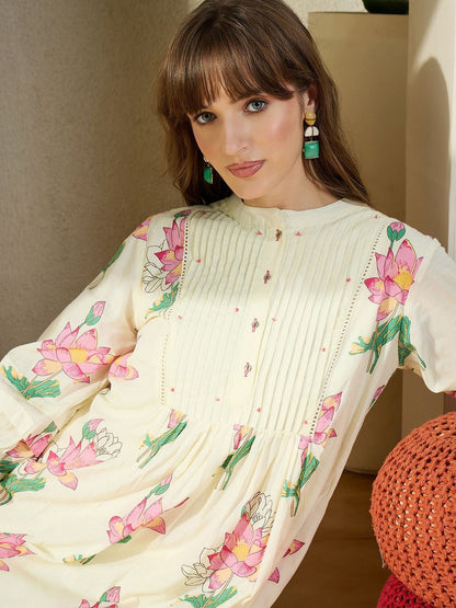 Dhiyona IE Printed Mandarin Collar Pure Cotton Tunic With Trouser