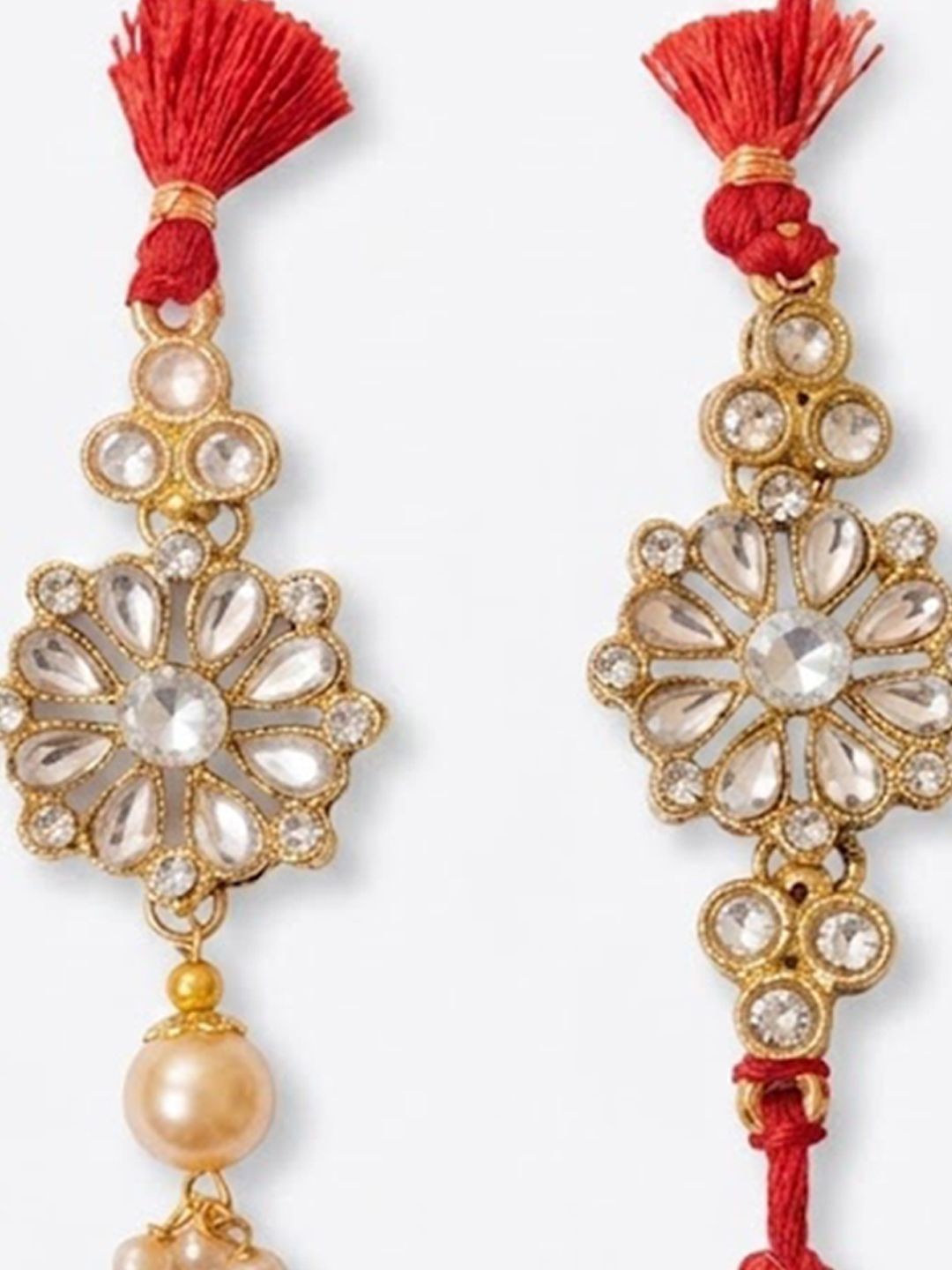 Dhiyona Set Of 2 Red Kundan Studded Floral Design Bhaiya Bhabhi Rakhi With Roli Chawal
