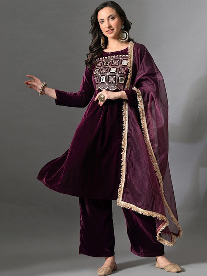 Embroidered Velvet Round Neck Kurta & Trousers With Dupatta