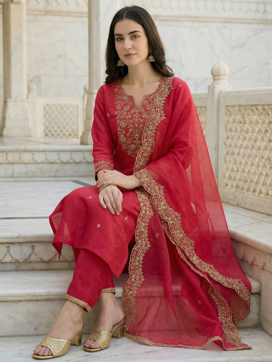 Women Ethnic Motifs Embroidered Regular Thread Work Liva Kurta with Trousers & With Dupatta