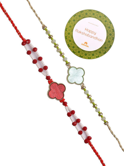Dhiyona Set Of 2 Red Beaded Rakhi With Roli Rice & Greeting Card