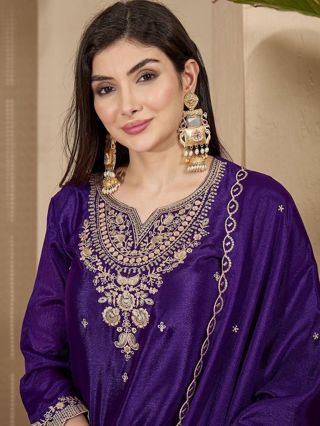 Dhiyona SN Ethnic Motifs Zari Sequence Thread Embroidered Kurta With Palazzos & Dupatta