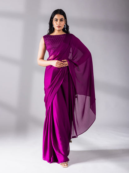 Dhiyona ST Mulberry Chiffon Saree with Embroidered Blouse Fabric