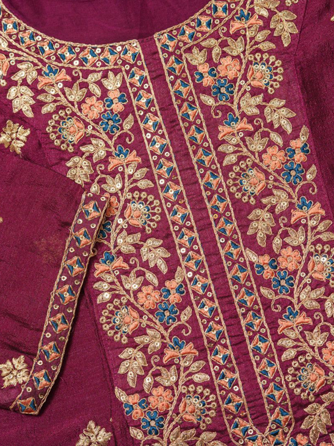 Floral Embroidered Thread Work Anarkali Kurta With Trousers & Dupatta