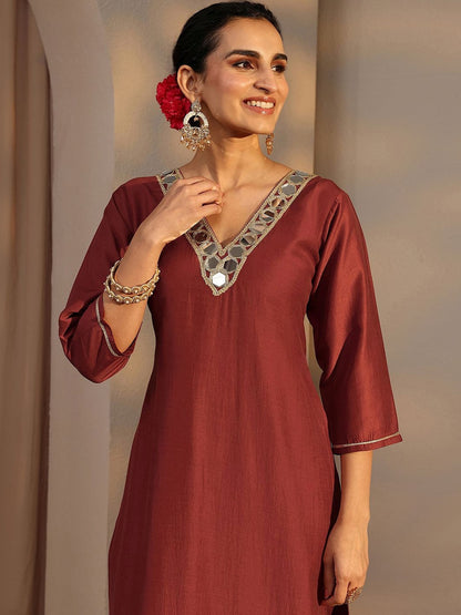Rust Embellished Straight Kurta Set